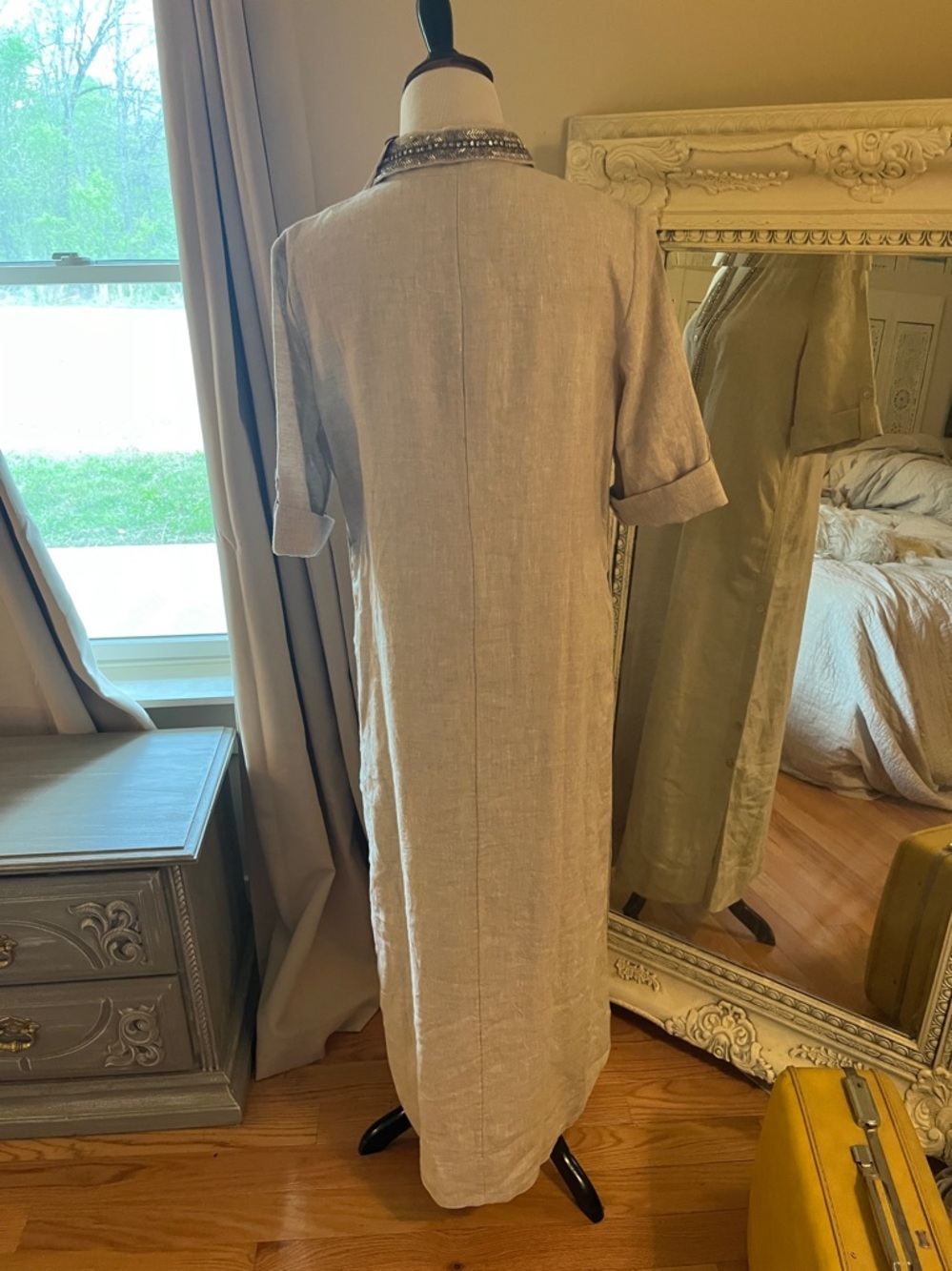 Beaded Trim Linen Tunic Dress - Neutral Beige - Picture 6 of 7